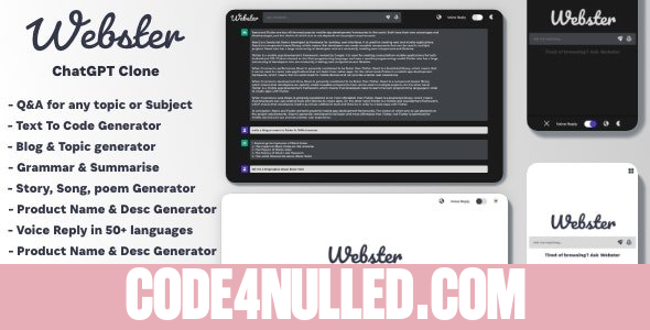 Webster v1.0 - ChatGPT Clone Text to Code Q&A Blog Generator Grammar Summarise Translate SEO Page Builder