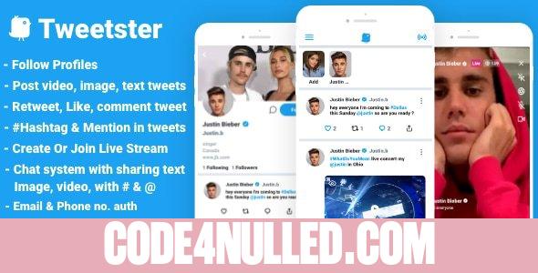 Tweetster - Twitter clone social network app Follow Chat Tweet Live android studio + firebase +admob