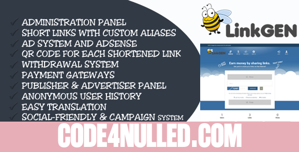 LinkGen - Monetized AdFly Clone URL Shortener PHP Script