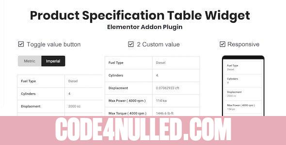 Product Specification Table Widget For Elementor v1.0